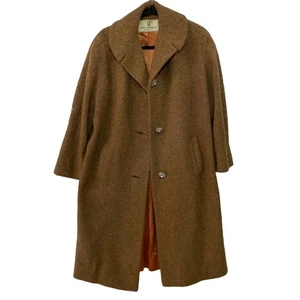 Vintage 1960s Boucle Knit Brown Trench Coat Rhinestone Buttons Dressy Long Coat - Picture 1 of 12