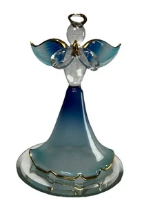 Hand Blown Blue Glass Angel 4 inch Gold Trim on Mirror Praying Hands Ornament - Picture 1 of 8