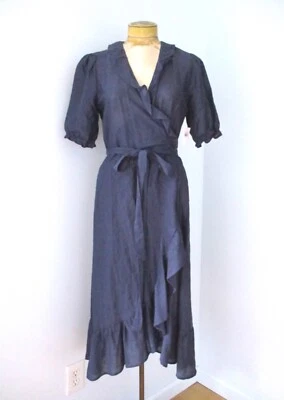 Nuevo con etiquetas Vestido Antiguo Azul Marino Pradera Volantes Verdadero Envoltura Alto Bajo Bordado Flores M Foto 1 de 4