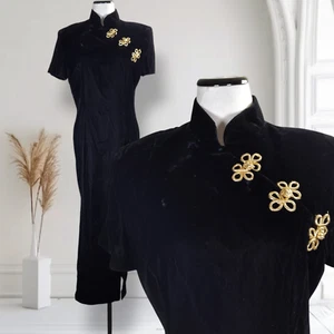 Vintage 90s Black Velvet Cheongsam Style Maxi Dress Size 10 Gothic Formal Slit - Picture 1 of 13