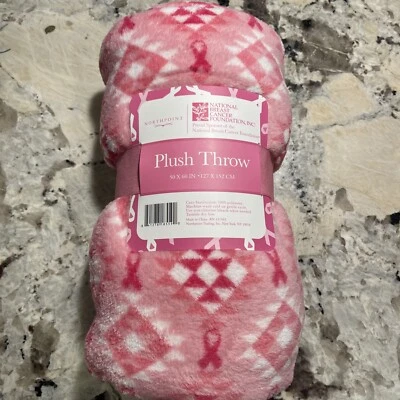 Breast Cancer Plush Throw By Northpoint Trading, 50" x 60", Pink & White, New - Image 1 of 4