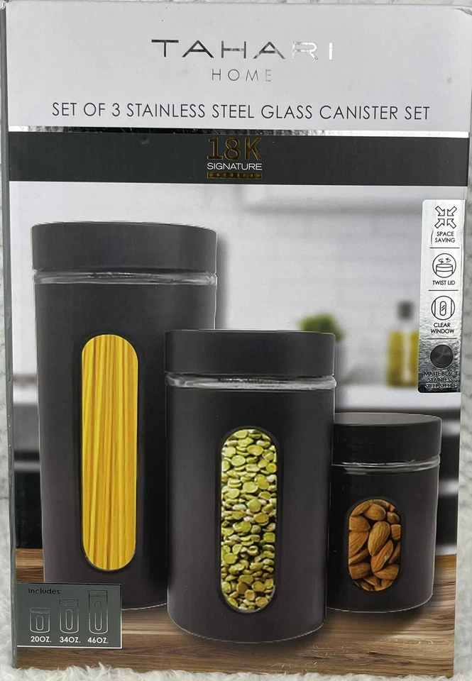 Set Of 3 Tahari Home Signature Stainless Steel Glass Black Canister 17TS124BK