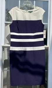 Lauren Ralph Lauren Dress Sz 14 Navy Blue White Stripes Sleeveless Lined NWT - Picture 1 of 20