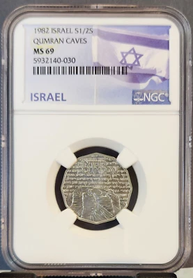 1982 ISRAEL SILVER 1/2 SHEQEL S1/2S QUMRAN CAVES NGC MS 69 SCARCE TOP POP - Image 1 of 3