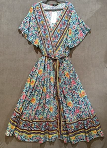 New Bloomchic Multicolor Floral Print Belted Faux Wrap Maxi Dress Size 30 Boho - Picture 1 of 14