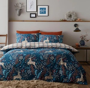 Christmas Bedding Duvet Cover Set Festive Winter Reindeer Stag Blue Navy Red - Picture 1 of 12