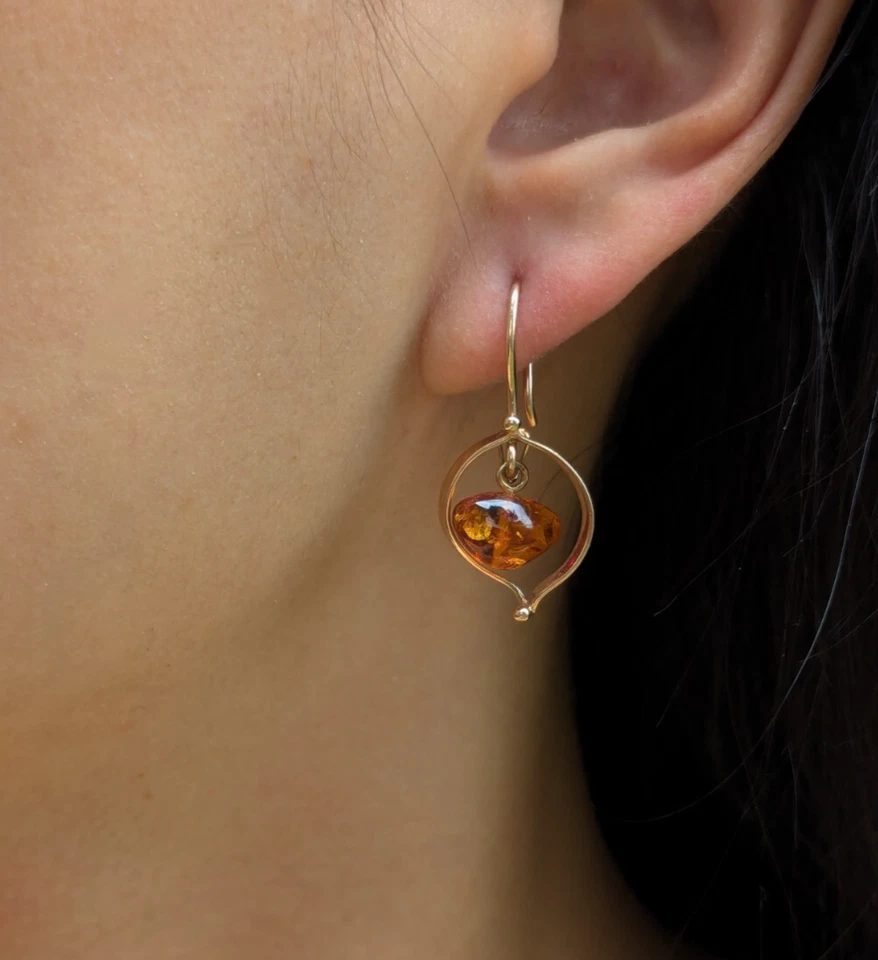 Pendientes colgantes vintage de ámbar báltico modernista soviético ruso oro rosa 14k Foto 1 de 4