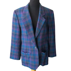 Pendleton Blue Purple Plaid Wool One Button Blazer Jacket Womens 12 US M - Picture 1 of 12