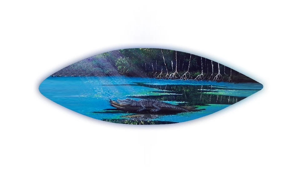 Arte de pared de tabla de surf de madera artesanal pintada a mano cocodrilo en pantano Foto 1 de 1