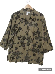 Sz 2X Coldwater Creek Olive Green Top Tunic Shirt Linen Blend 3/4 Sleeve Beaded - Picture 1 of 10