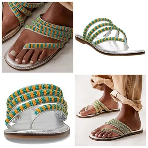 Free People Beatrice Seed Beaded Slide Sandals Silver Platino Boho Sz 6 EU 36 - Picture 1 of 13