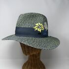 C.C Exclusives Paper Straw Panama Hat Blue Yellow Hand Embroidered Flowers UPF50