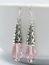 Pink Teardrop Crystal Decorative Cone Silver Dangle Earrings Usa Made