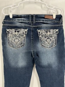 WALLFLOWER Damen Crop Cuffed Denim Jeans Gr. 9 Blau Low Rise Nieten Glitzer 90er - Bild 1 von 14