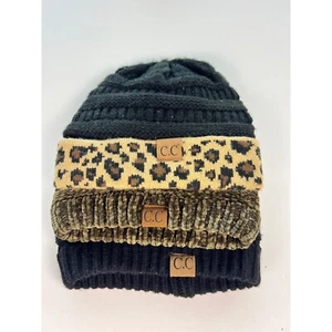 4 Stück CC Beanies Mützen Winter warm Strickmützen Leopard Chenille gerippt schwarz - Bild 1 von 12