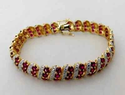 10Ct Round Cut Lab-Created Ruby Men's Tennis Bracelet 14K Yellow Gold Finish - Image 1 of 4