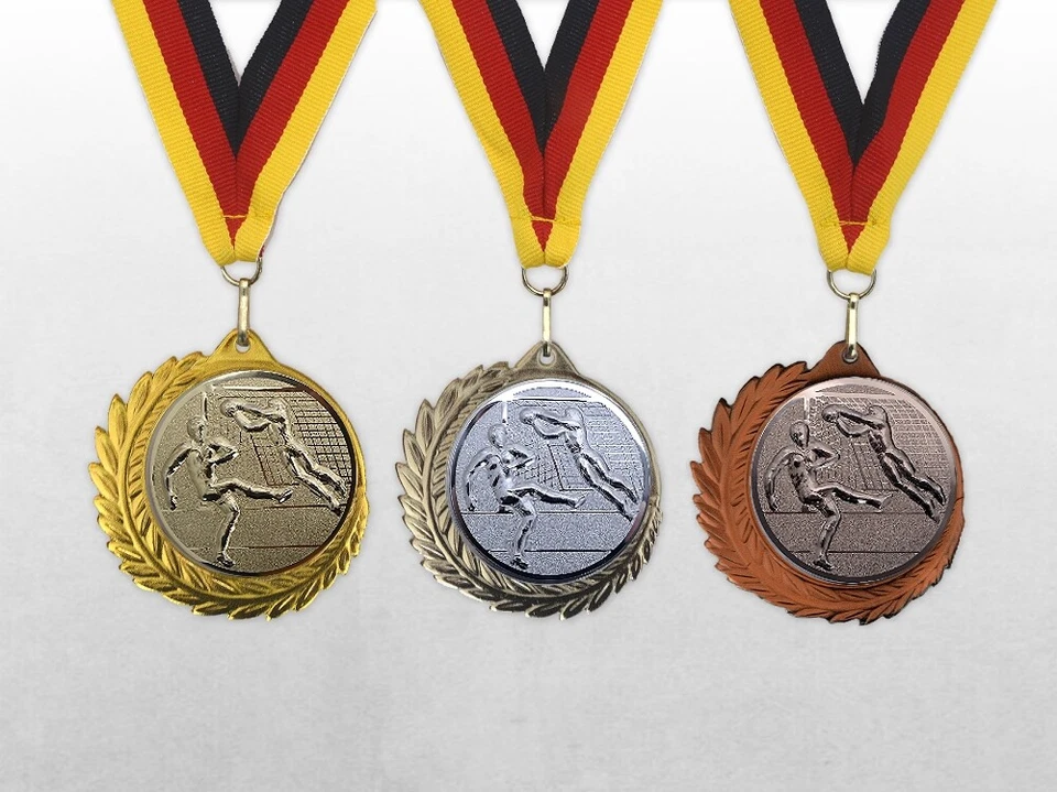 VEREINSSTORE 3er GROSSE FUSSBALL Medaillen MONACO 70mm / mit Band & Emblem PREMIUM Set