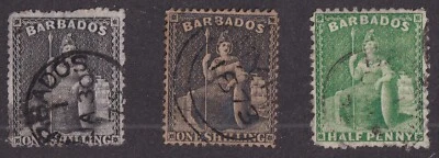 MATT'S STAMPS SCOTT BARBADOS #32, 35, 46 BRITANNIA ISSUES OF 1871-75, USED CV$46 - Image 1 of 3