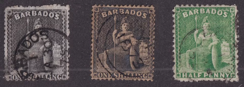 SELLOS DE MATT SCOTT BARBADOS #32, 35, 46 EMISIONES DE BRITANNIA DE 1871-75, USADOS CV$46 Foto 1 de 3