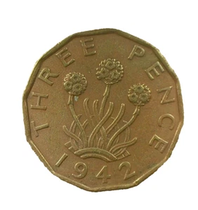 WORLD COIN SALE-1942 U.K. 3 PENCE-NICKEL BRASS/YELLOW COMPOSITION COIN-KM#849 - Picture 1 of 3