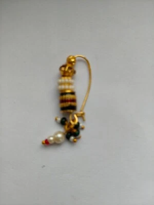 Mahrashtrian Nath Beaded Nose Ring Stud Indian Piercing Wedding Nostril Jewelry - Image 1 of 4