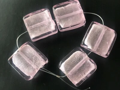 5 Silver Foiled Glass Lampwork Beads Charms Chunky Frosted Pink Square 20mm 30g - Image 1 of 4