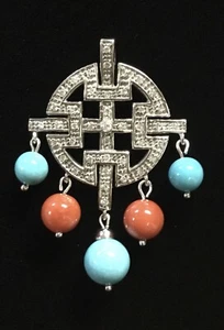 AUTHENTIC LeVian 14k White Gold Diamond Turquoise Coral Pendant 5.67grams - Picture 1 of 6