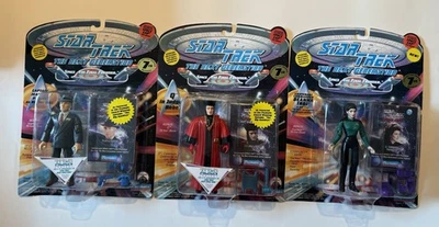 Playmates 1994 Star Trek Next Gen Dixon Hill, Q, & Deanna Troi New In Packages - Image 1 of 4