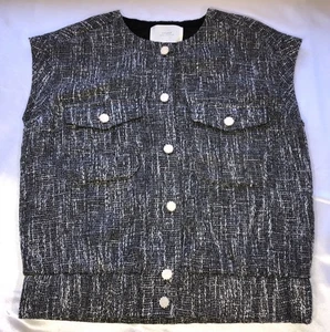 Lovfee Vest Tweed Lined Pearl Buttons Pockets Boxy Black White Womens Size M - Picture 1 of 7