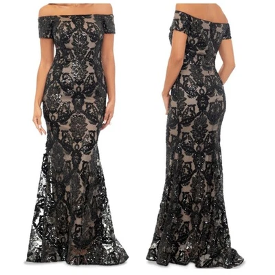 Xscape Evening Gown 12 Womens Black Sequin Off Shoulder Elegant Special Occasion - Image 1 of 4
