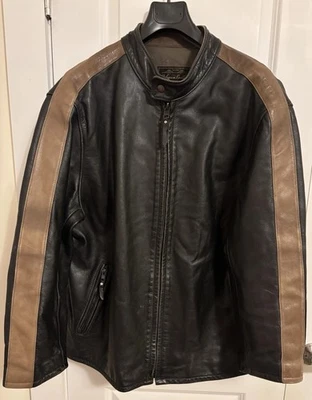 "Chaqueta de cuero Johnson Leathers Racer negra con rayas marrones talla XXL 52"" pecho" Foto 1 de 4