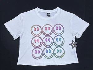 Pixie Lane Girls Size 8 Crop T-Shirt Rainbow Smiley Face Graphic Tee White NWT - Picture 1 of 11