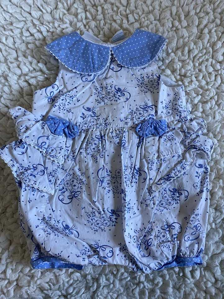 Vintage Bubble Romper 24 Month Floral Blue Ruffles Polka Dots By Miniwear - Image 1 of 4