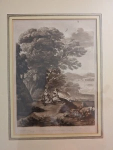 Antique 1800s framed sepia mezzotint etching ladies in pasture Claude Lorrain - Picture 1 of 13