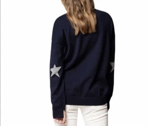 $278 NWT Zadig & Voltaire Cici CO Silver Stars Crew Neck Marine Sweater sz M - Picture 1 of 11