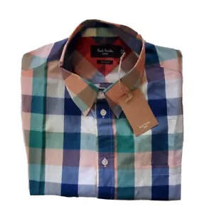 Camisa PAUL SMITH Hombres M A Medida Calce Ajustado Azul Verde Albaricoque Cuadros Algodón - Imagen 1 de 11