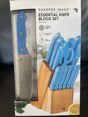 Nuevo Juego de Bloques de Cuchillos Imagen Más Afilada 14 Piezas Alta Calidad Acero Inoxidable Madera Azul Foto 1 de 4