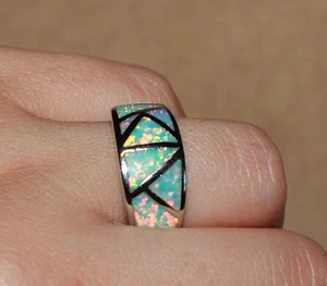 inlaid fire opal ring gemstone silver jewelry 4.75 8.75 wedding cocktail band J - Picture 1 of 8