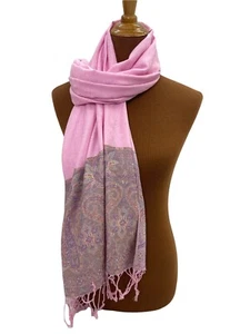 Pashmina Scarf Light Pink Fringe Lavender Blue Paisley Design Soft Rectangle  - Picture 1 of 9