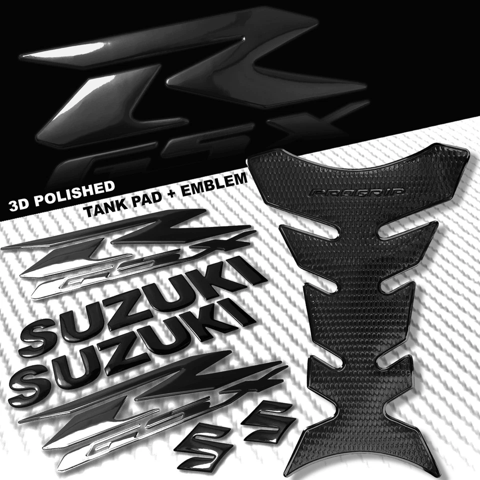 ALMOHADILLA DE TANQUE DE COMBUSTIBLE NEGRA PRO GRIP + LOGOTIPO 3D SUZUKI DE 6" + KIT DE PEGATINAS EMBLEMA CARENADO GSXR Foto 1 de 4