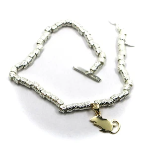 BRACCIALE IN ARGENTO 925, A DADINI E CIONDOLO IN ORO GIALLO 9K, TOPO, 18 CM - Imagen 1 de 6