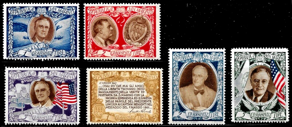 SAN MARINO PRESIDENTE DE ESTADOS UNIDOS FRANKLIN D. ROOSEVELT CORREO AÉREO 6 sellos conjunto 1947 MNH**OG Foto 1 de 1