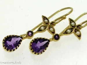 E152 Genuine 9ct Yellow Gold Natural Amethyst Pearl Earrings Victorian design - Picture 1 of 2