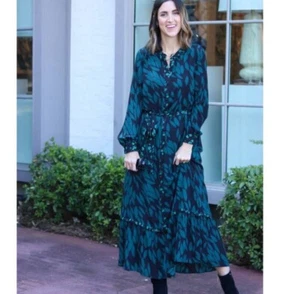 Cabi 4017 Autumn Dress Teal Leaves Print Green Black Maxi Shirt Tie Medium - Picture 1 of 12