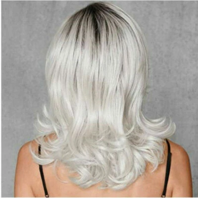 Women Ash Blonde Gray Silver White Ombre Wavy Curly Wig Shoulder Length Hair - Image 1 of 4