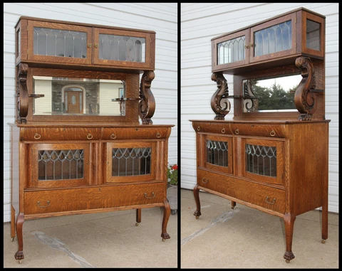 Antique 1906 Quarter Sawn Oak Beveled Leaded Glass Buffet Server Claw Feet w Key Cover