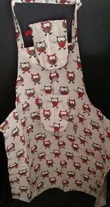 Orange Owl Bird Pattern Apron + 2 Oven Mitten Set Lithuania Cotton Linen - Picture 1 of 4