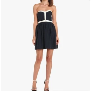 Parker Navy Blue Cream Silk Strapless Sweetheart Mini Dress Size M - Picture 1 of 10