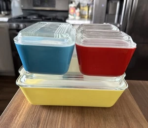 Pyrex Glas Primärfarben Kühlschrank Kühlschrank Geschirrset Vintage 1960 8-teiliges Set - Bild 1 von 17