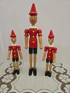 Set 3 Vtg. Italian Handpainted Wooden PINOCCHIO 15" - 10" Jointed Figures Dolls - Picture 1 of 11
